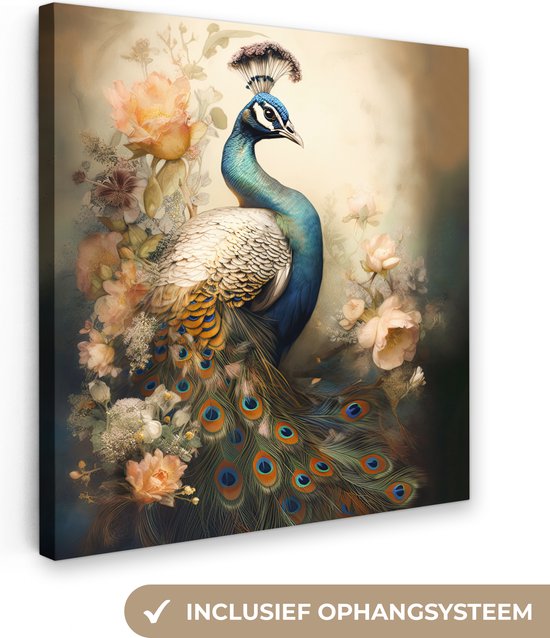 Canvas Schilderij Pauw - Pauwenveren - Bloemen - Vogels - Botanisch - 90x90 cm - Wanddecoratie
