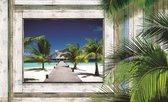 Fotobehang - Vlies Behang - 3D Tropisch Uitzicht op de Malediven door het Houten Raam - 208 x 146 cm