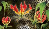 Fotobehang - Vlies Behang - Rode Bloemen op Ornament - 312 x 219 cm
