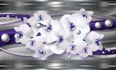 Fotobehang - Vlies Behang - Orchideeën op Zilver en Paars Patroon - 254 x 184 cm