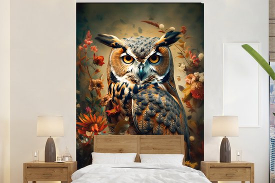 Behang - Fotobehang Uil - Vogel - Bloemen - Planten - Botanisch - Breedte 160 cm x hoogte 240 cm