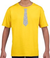 Geel fun t-shirt met stropdas in glitter zilver kinderen - feest shirt voor kids 158/164