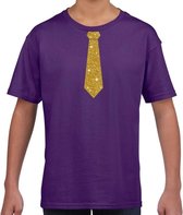 Paars fun t-shirt met stropdas in glitter goud kinderen - feest shirt voor kids 122/128