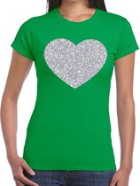 Zilveren hart glitter t-shirt groen dames - dames shirt hart van zilver XS  | bol