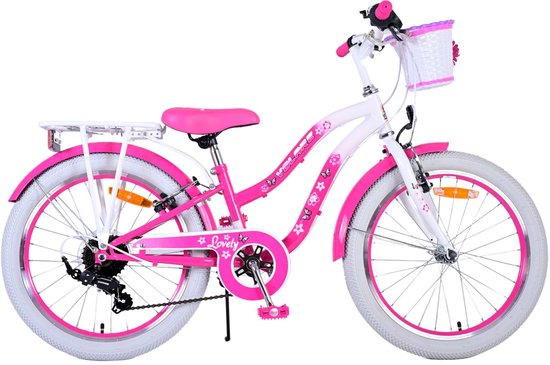 Roze en witte 20 inch kinderfiets met mandje, "Lovely" tekst en "Volare" op het frame.