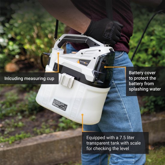 Batavia Accu 18V drukspuit 7.5 L - Excl. Accu en Oplader - 630ml per min debiet lucht - Slang lengte 210cm - Doorzichtige tank incl. schaal - Maxxpack van Merkloos	 — afbeelding 3