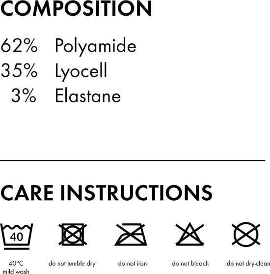 Samenstelling en onderhoudsinstructies voor FALKE sokken: 62% Polyamide, 35% Lyocell, 3% Elastane.