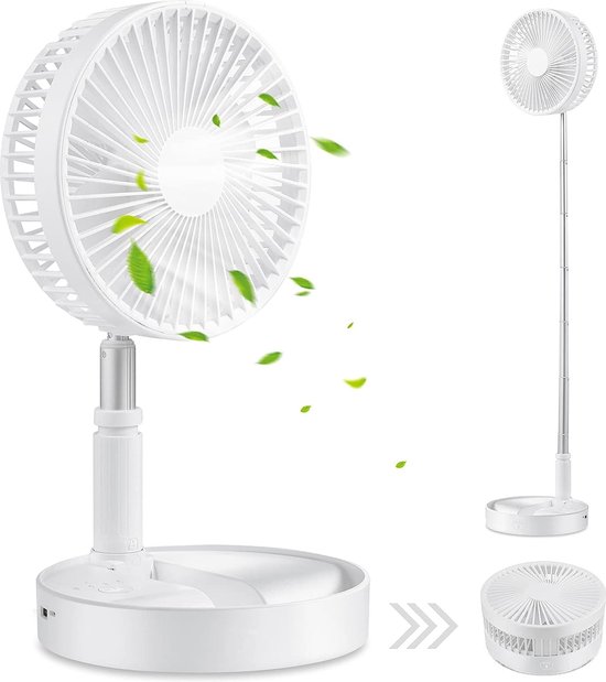 Oplaadbare draadloze ventilator wit 3 snelheden verstelbaar draagbaar opklapbaar accu 8 uur gebruik