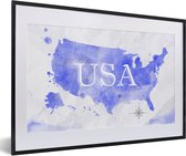 Fotolijst incl. Poster - Verenigde Staten - Blauw - Wereldkaart - 60x40 cm - Posterlijst