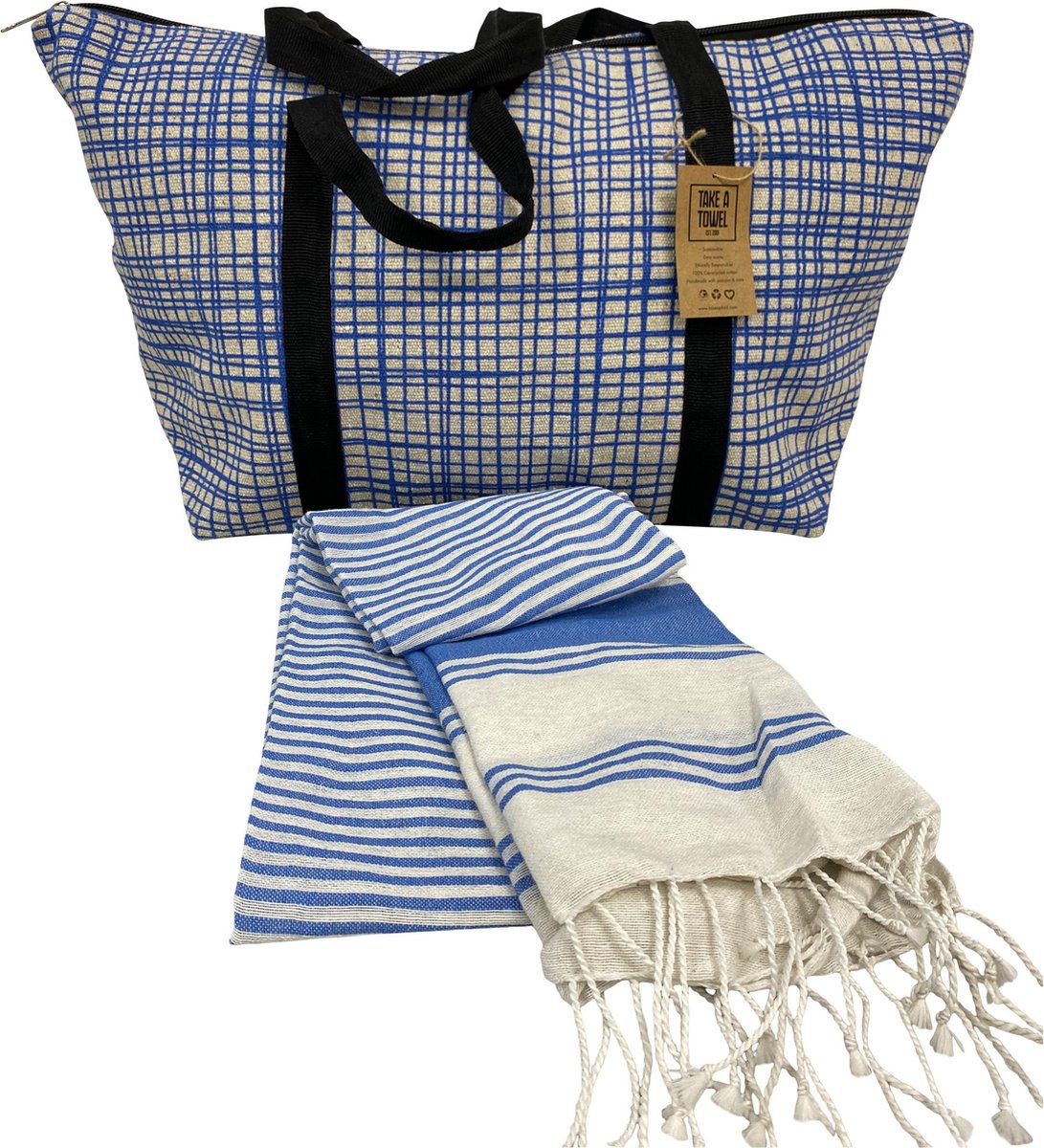 Take A Towel gerecyclede strandtas + hamamdoek Lichtblauw