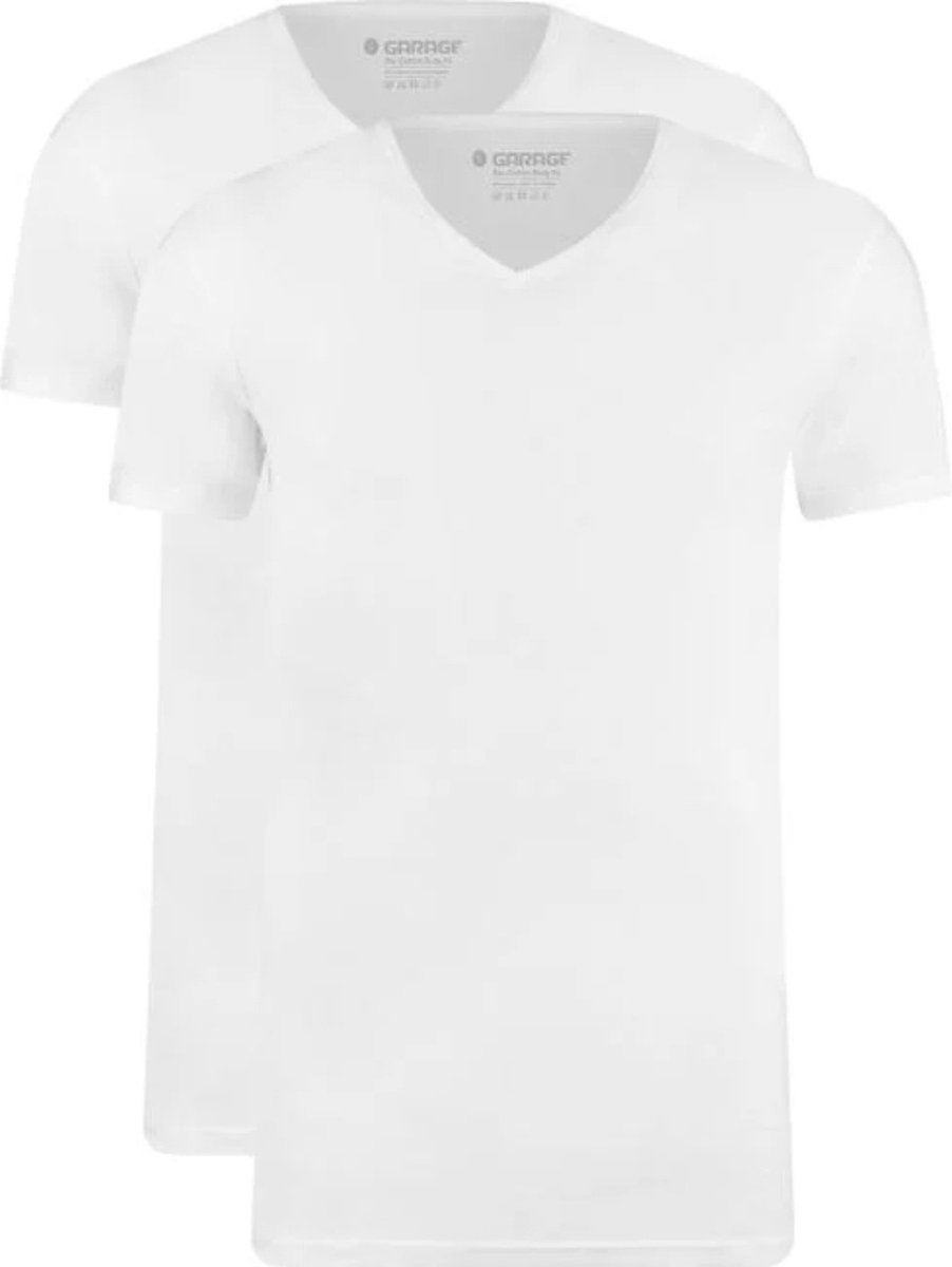 Garage 0222- Bio-Cotton Bodyfit 2-pack T-shirt V-hals korte mouw wit M 95% organisch katoen 5% elastan