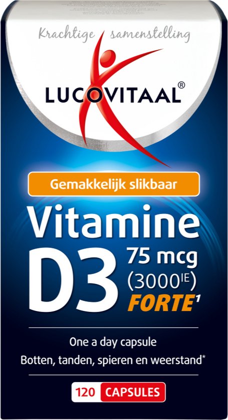 Doos met vitamine D3. De tekst op de verpakking vermeldt "Vitamine D3 75 mcg (3000IE) Forte" en "120 CAPSULES".