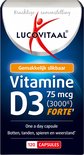 Doos met vitamine D3. De tekst op de verpakking vermeldt "Vitamine D3 75 mcg (3000IE) Forte" en "120 CAPSULES".