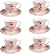 HAES DECO - Tasse et Soucoupe set de 6 - contenance 250 ml - coloris Rose / Wit - Porcelaine Imprimée à Fleurs - Service à thé, Service à café, Tasses à thé, Tasses à café, Cappuccino