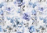 Fotobehang - Vinyl Behang - Aqaurel Blauwe Bloemen - Bloemetjes - Rozen - 312 x 219 cm