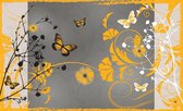 Fotobehang - Vlies Behang - Oranje Vlinders en Bloemen Kunst - 208 x 146 cm