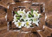 Fotobehang - Vlies Behang - Witte Lelies in Houten 3D Tunnel - 208 x 146 cm