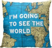 I'm Going To See The World - Wereldkaart design - Sierkussen - 40 x 40 cm - Reis Quote - Reizen / Vakantie - Reisliefhebbers - Reizigers - Voor op de bank/bed