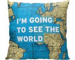 foto van I'm Going To See The World - Wereldkaart design - Sierkussen - 40 x 40 cm - Reis Quote - Reizen / Vakantie - Reisliefhebbers - Reizigers - Voor op de bank/bed