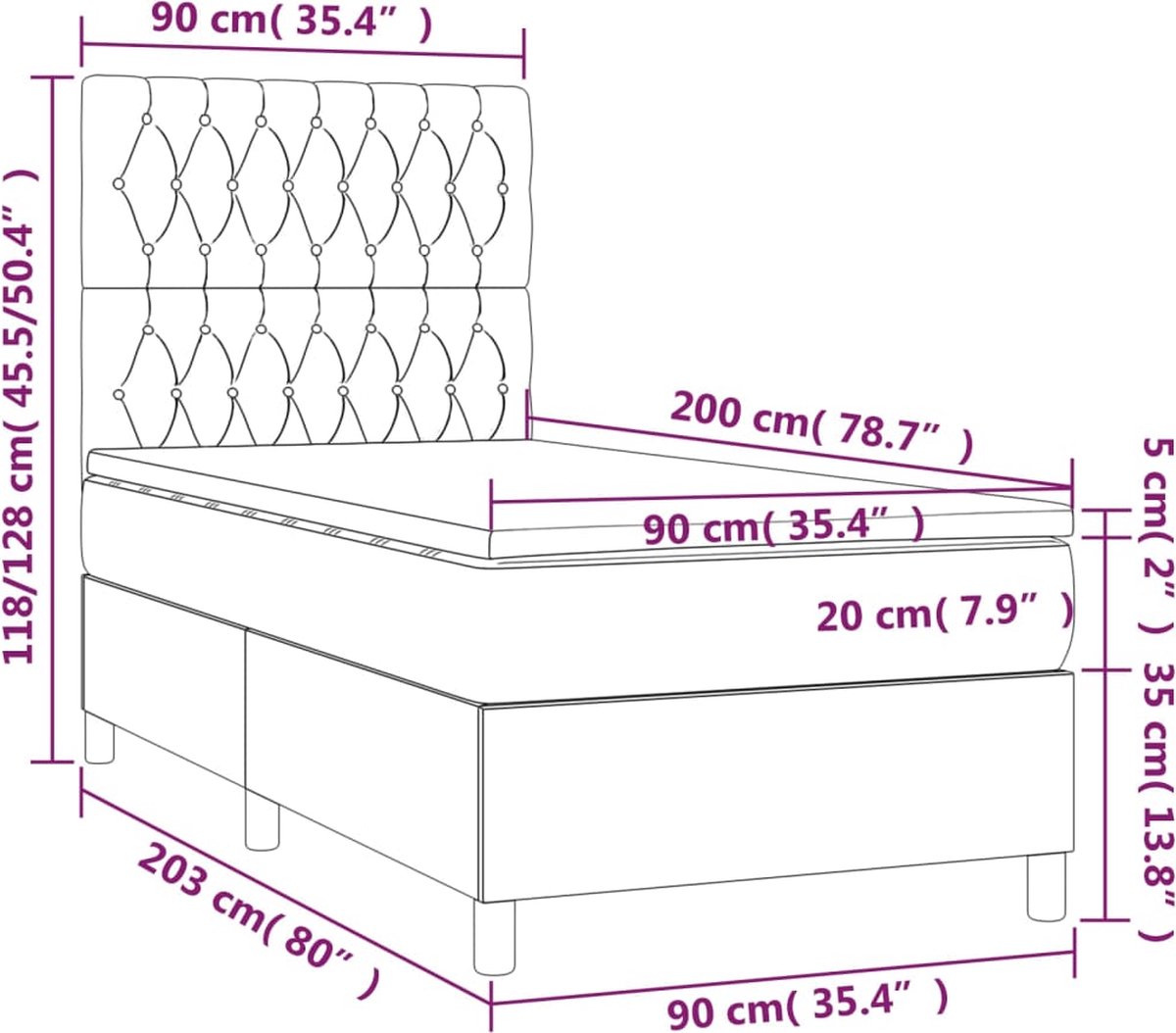 vidaXL - Boxspring - met - matras - en - LED - stof - donkergrijs - 90x200 - cm