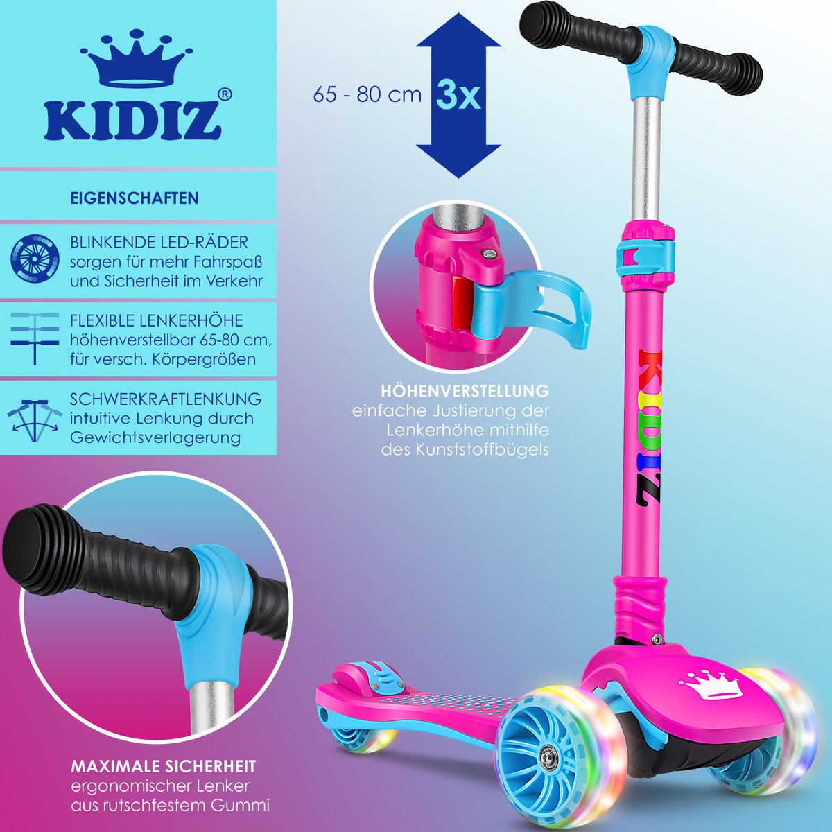 KIDIZ® Kinderstep - 3 wielen Step - Scooter - Kinderscooter X-Pro2 met PU LED oplichtende wielen Opvouwbaar pedaal Kinderstepjes in hoogte verstelbare City Scooter voor jongens en meisjes 3-12 jaar - Roze