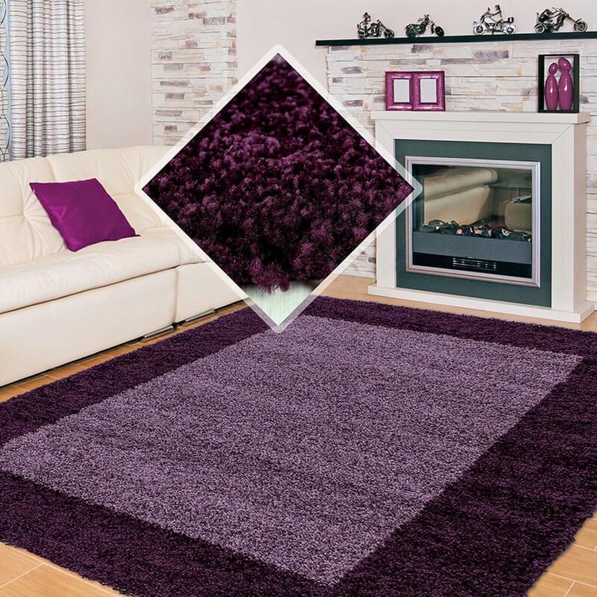 Hoogpolig vloerkleed met randversiering, paarse kleur, geschikt voor de woonkamer, met jute achterkant, afmetingen: 300 cm x 400 cm