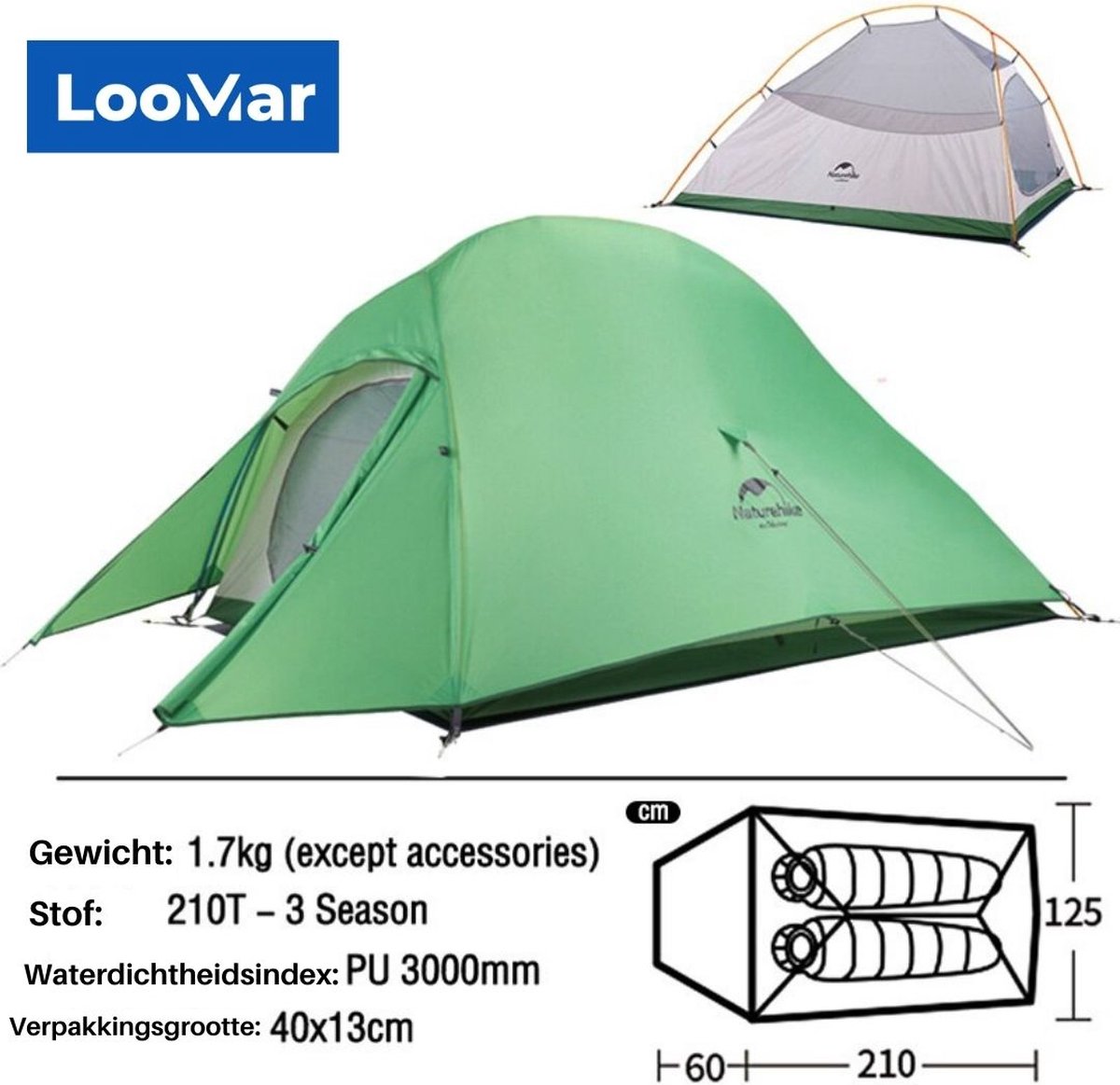 LooMar Tent 2 persoons - Groen - Waterdicht - Lichtgewicht - Groen - Kamperen - Camping tent