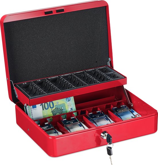 geldkistje met slot - met sleutel - ijzer - 8,5 x 30,5 x 24,5 cm - geldkluis - rood