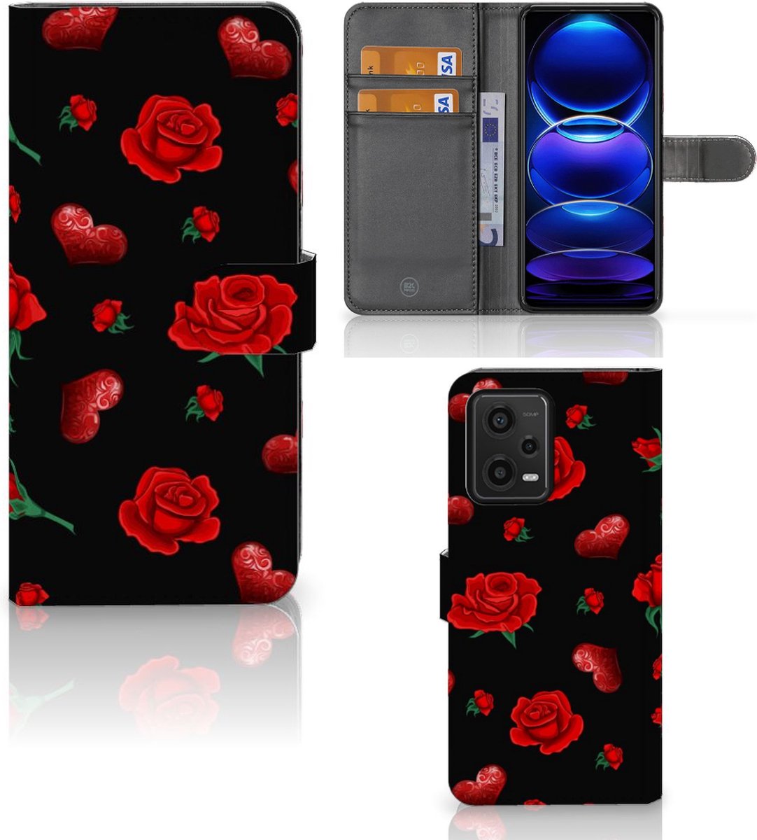 Étui Portefeuille Rabat Pour Xiaomi Redmi Note 12 Pro 5G / POCO X5 Pro 5G - Cuir PU, Motif Fleur, Porte-cartes Et Support - Rouge - 9