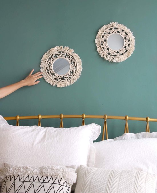 Set van 2 hangende wandspiegels met macramé fringen, boho-spiegel, rond