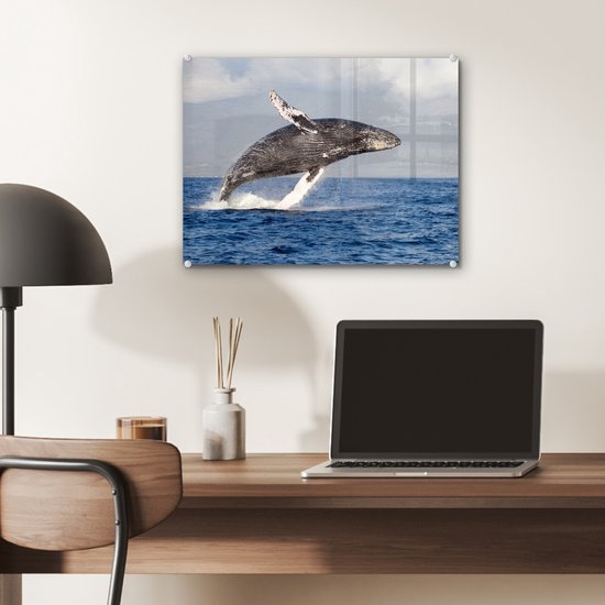 ® Glasschilderij 40x30 cm - Schilderij acrylglas - Een bultrug springend uit het water - Foto op glas - Muurdecoratie woonkamer - Wanddecoratie slaapkamer - Schilderijen