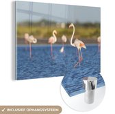 MuchoWow® Glasschilderij 180x120 cm - Schilderij acrylglas - Een groep flamingo's in het water - Foto op glas - Schilderijen