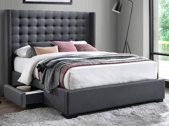 Tête de lit capitonnée LEONCE - Avec tiroirs - 160 x 200 cm - Tissu gris L  215 cm x H... | bol