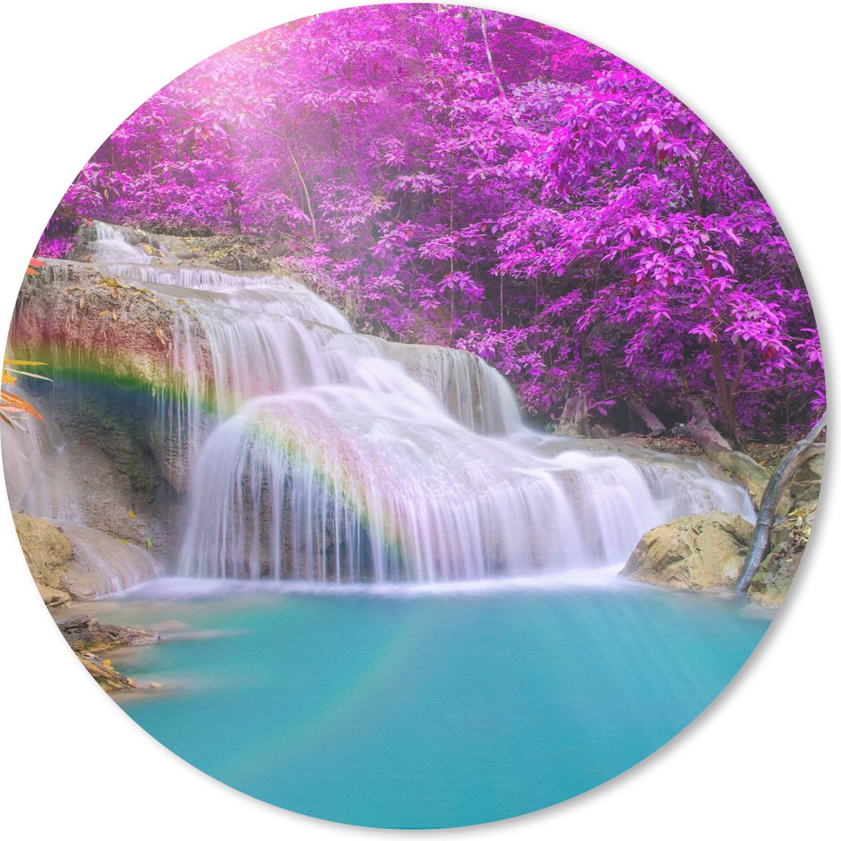 Muismat rond 20x20 cm - Mousepad Waterval - Bomen - Regenboog - Paars - Ronde muismatten