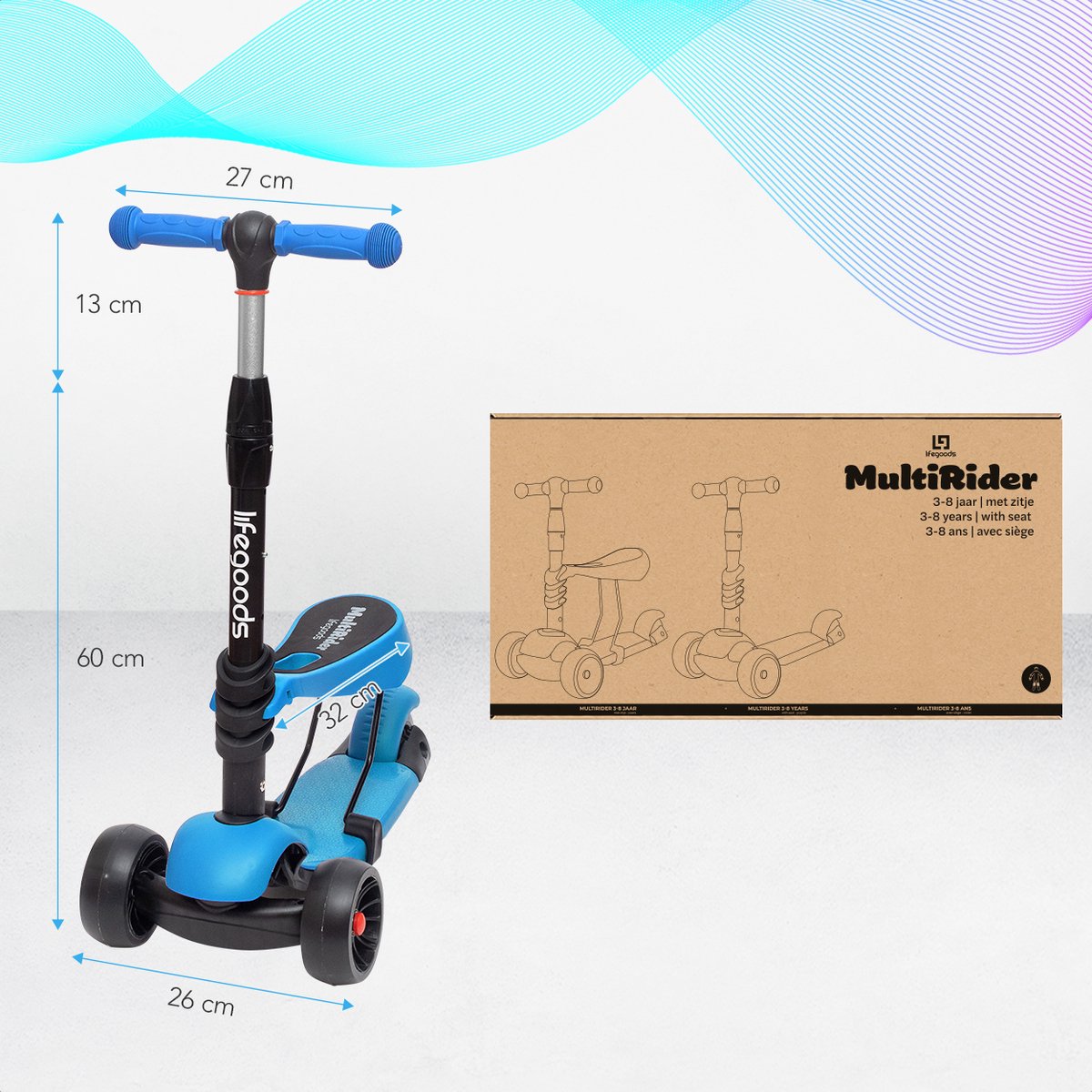 LifeGoods MultiRider Kinderstep - Step 3-8 Jaar - Hoogte Verstelbaar Zitje - Lichtgevende LED Wielen - Jongens/Meisjes - Blauw — afbeelding 9