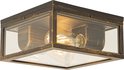 Vierkante buitenlamp met glazen zijkanten, verweerd gouden frame en een zichtbare Edison-lamp.