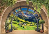 Fotobehang - 3D Raamzicht op de Alpen - Landschap - Bergen - Vliesbehang - 312 x 219 cm