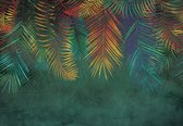 Fotobehang - Vinyl Behang - Kleurrijke Botanische Jungle Bladeren op Groene Achtergrond - 152,5 x 104 cm