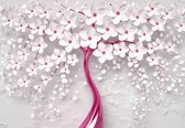 Fotobehang - Vlies Behang - Roze Boom met Witte Bloemen 3D - 368 x 254 cm