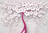 Fotobehang - Vlies Behang - Roze Boom met Witte Bloemen 3D - 416 x 254 cm