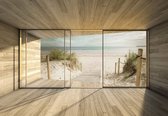 Fotobehang - Vlies Behang - 3D Raamzicht op de Duinen naar het Strand en Zee - 416 x 254 cm