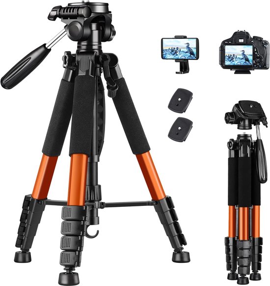 Verstelbaar camerastatief 52-160-185 cm – oranje – met telefoonhouder