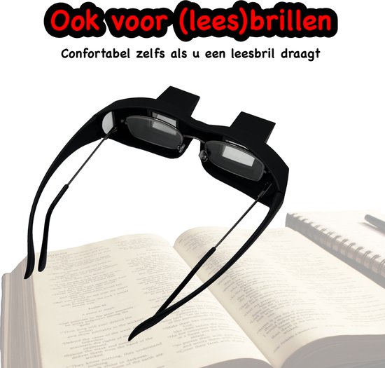 Zwarte prisma bril, ook te dragen over leesbril, met open boek.