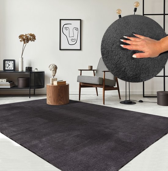 Karpet24 Loft modern pluizig laagpolig tapijt 80 x 300 cm antislip onderkant, wasbaar tot 30 graden, heerlijk zacht, bontlook, antraciet