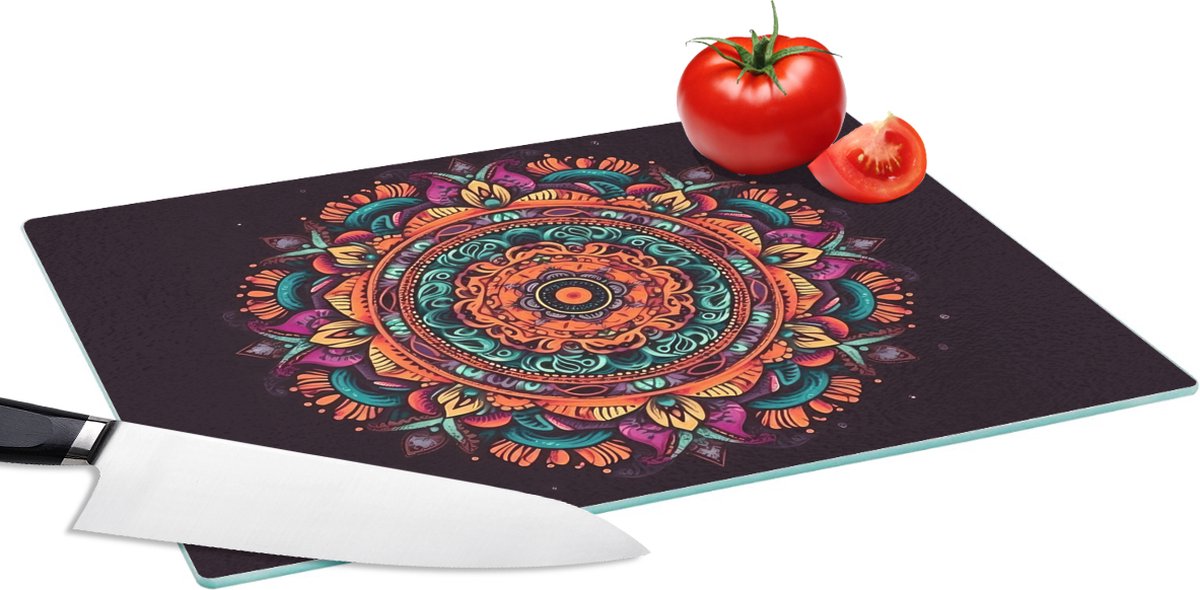 Glazen Snijplank - 39x28 - Mandala - Bloemen - Hippie - Boho - Oranje - Snijplanken Glas