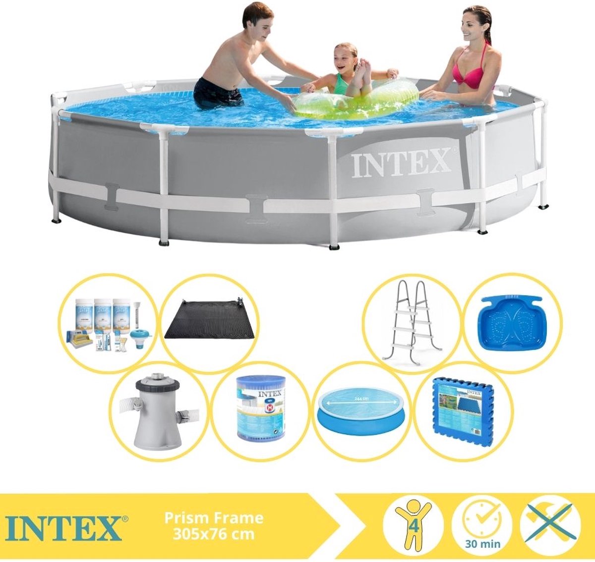 Intex Prism Frame Zwembad – Opzetzwembad – 305×76 cm – Inclusief Solarzeil, Onderhoudspakket, Filter, Solar Mat, Trap, Voetenbad en Zwembadtegels