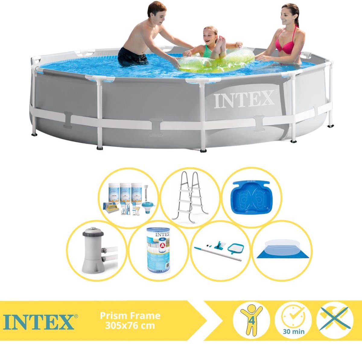 Intex Rond Prism Frame Zwembad - 366 x 76 cm - Grijs - Inclusief Pomp - Onderhoudspakket - Filter - Grondzeil - Schoonmaakset - Ladder - Voetenbad - 8-delig