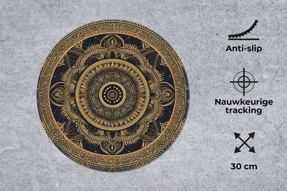 Muismat rond 30x30 cm - Mousepad Mandala - Goud - Bohemian - Luxe - Ronde muismatten