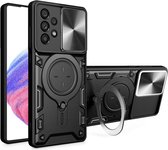Hoesje met Camera Slider Geschikt voor de Samsung Galaxy A53 - Back Cover met Standaard - Uitklapbare Kickstand Ring - Beschermhoes TPU - Magneet voor Auto Houder Zwart