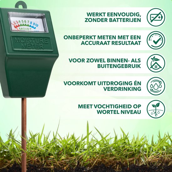 Groene vochtmeter met koperen pen. Iconen tonen: zonder batterijen, nauwkeurig, binnen/buiten, voorkomt uitdroging, meet op wortelniveau.
